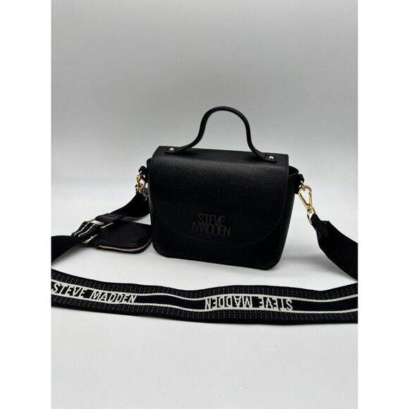 STEVE MADDEN flap satchel crossbody web strap + mini cardcase -Black 2 Piece set - Picture 4 of 11
